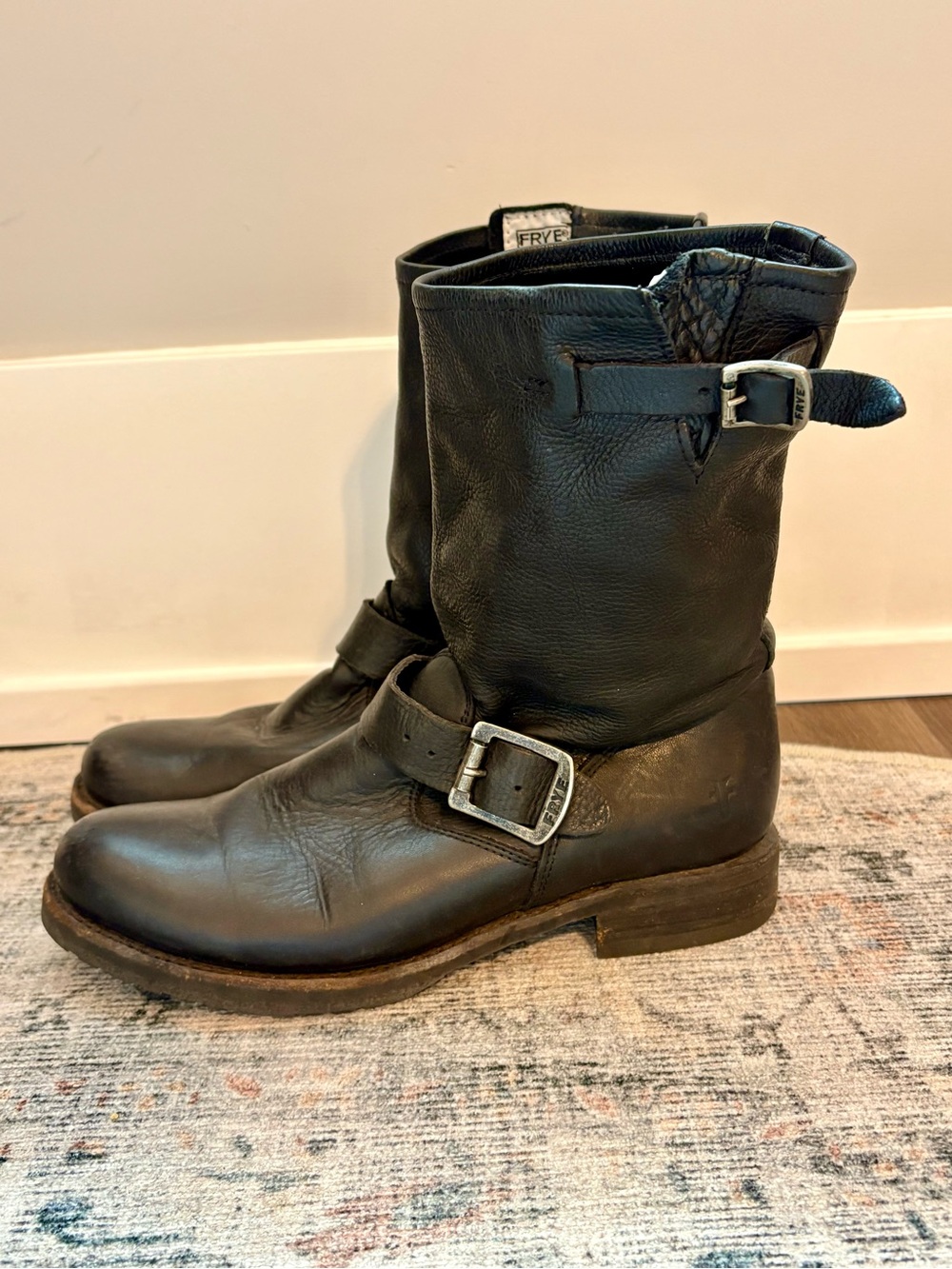 Frye Black Leather Mid-Calf Engineer Boots with Silver Buckles